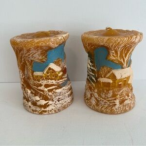 Currier & Ives candles set of 2 winter village scene dated 1979 pillar